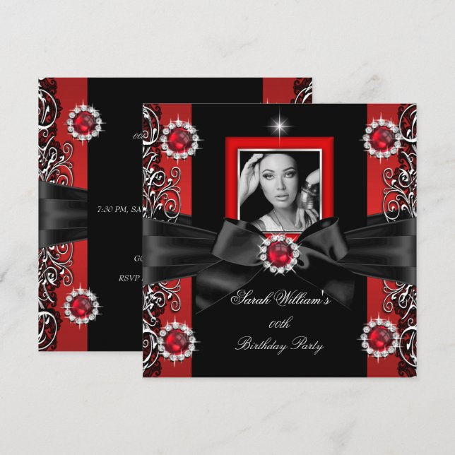 Invitation Red Pearl fête d'anniversaire Black Silver Photo (Devant / Derrière)