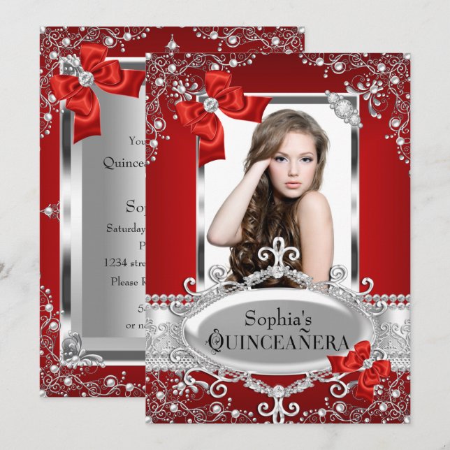 Invitation Red Pearl & Silk Bow Glamor Quinceanera (Devant / Derrière)