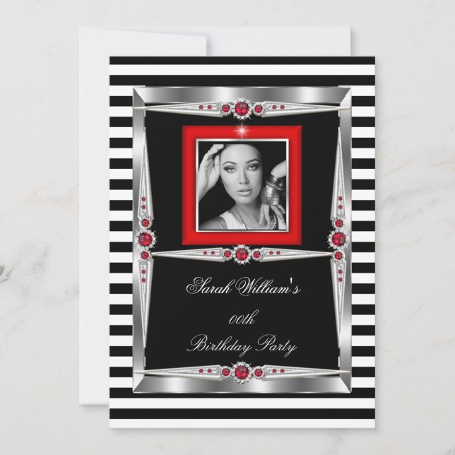 Invitation Red Pearls Anniversaire de la fête Black White Str (Devant)