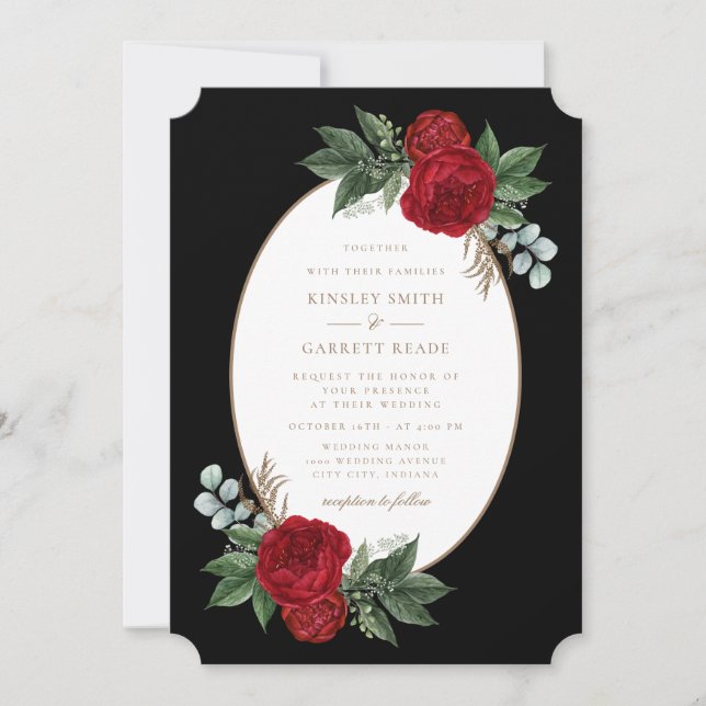 Invitation Red Peonies Élégant Mariage noir & or (Devant)