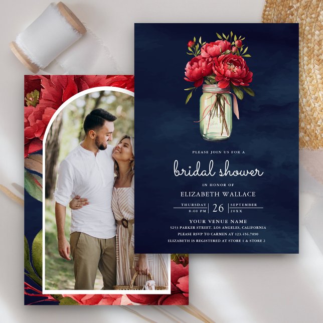 Invitation Red Peony Floral Mason Jar Marine Bleu Fête des ma (Créateur téléchargé)