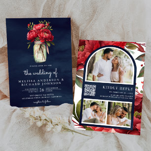 Invitation Red Peony Floral Mason Jar QR Code Mariage bleu