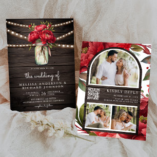 Invitation Red Peony Floral Mason Jar QR Code Mariage en bois