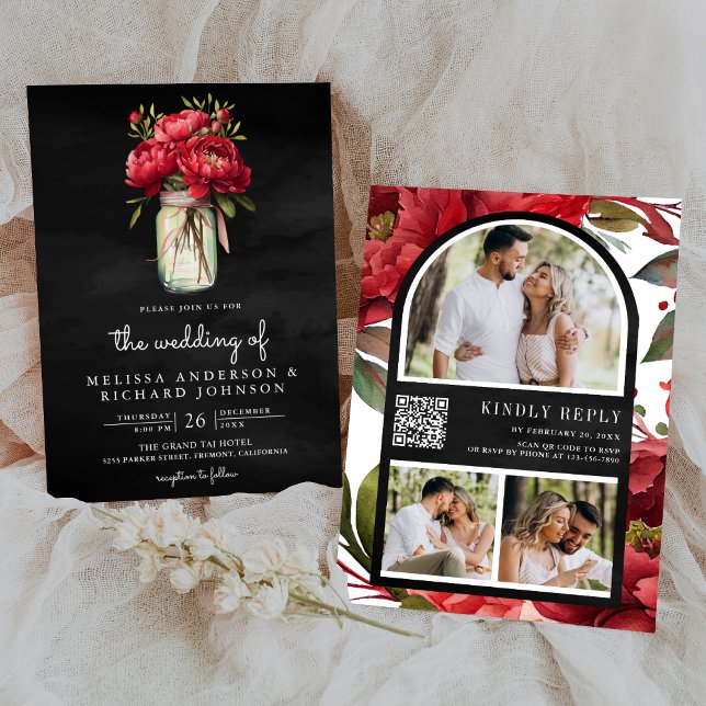 Invitation Red Peony Floral Mason Jar QR Code Mariage noir (Créateur téléchargé)