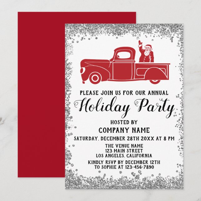 Invitation Red Père Noël Truck Xmas Company Fête Silver (Devant / Derrière)
