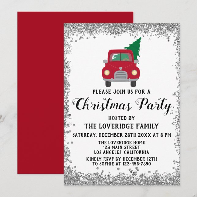 Invitation Red Père Noël Xmas Tree Fête de Noël Argent (Devant / Derrière)
