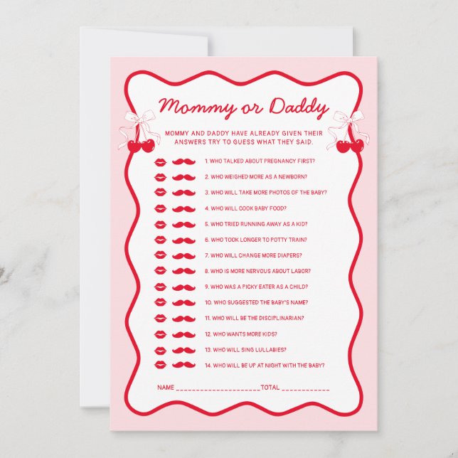 Invitation Red Pink Cherry Baby Shower Guess Mommy or Daddy (Devant)