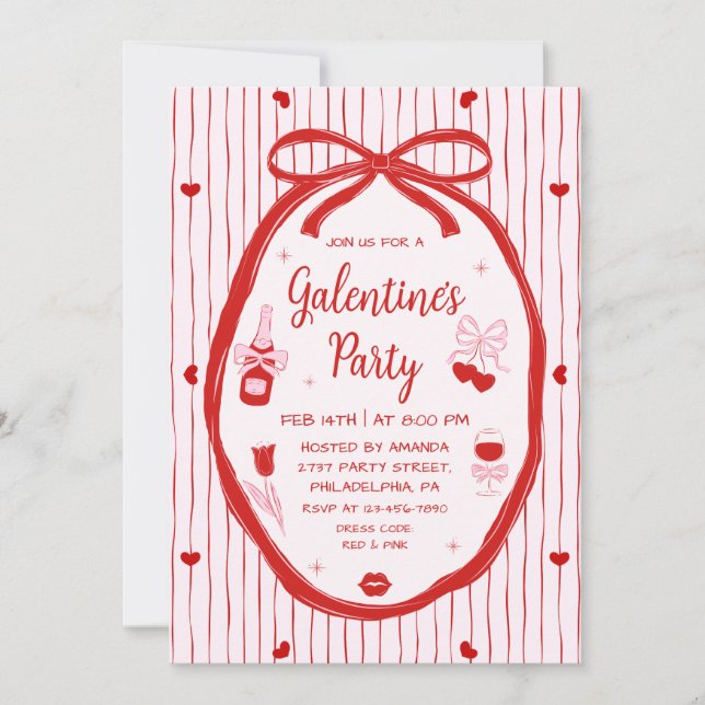 Invitation Red Pink Coquette Hand Drawn Galentine's Party  (Devant)