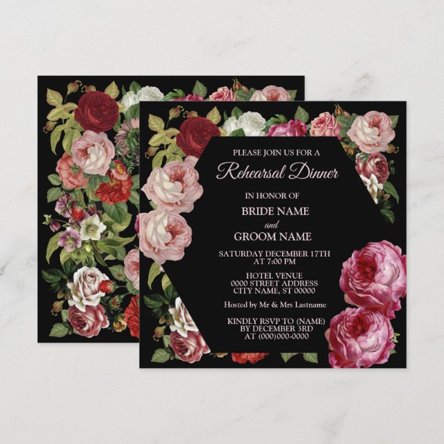 Invitation Red Pink Floral Greenery Black Rehearsal Dinner (Devant / Derrière)