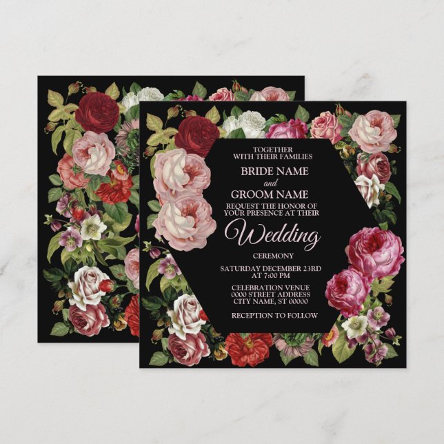 Invitation Red Pink Floral Greenery Rustic Black Wedding (Devant / Derrière)