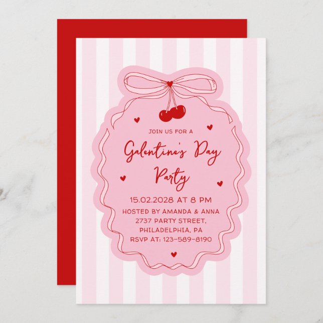 Invitation Red Pink Girly Coquette Bow Galentine's Day Party (Devant / Derrière)