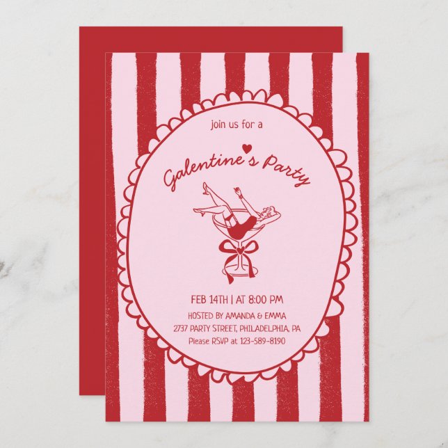 Invitation Red Pink Hand Drawn Galentine's Party (Devant / Derrière)