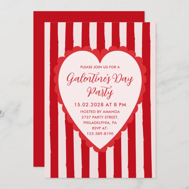 Invitation Red Pink Hand Drawn Heart Frame Galentine's Party (Devant / Derrière)