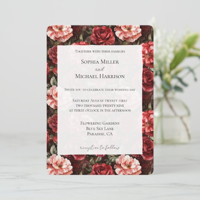 Invitation Red Pink Rose Flowers Wedding (Debout devant)
