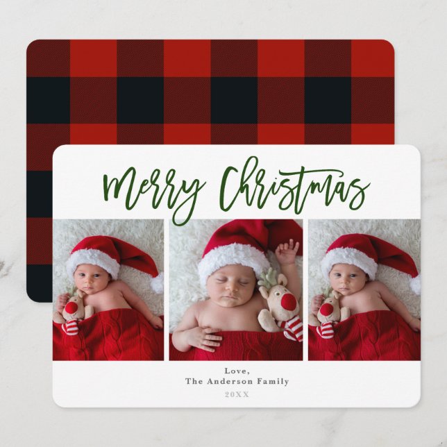 Invitation Red Plaid Green Joyeux Noël Photo (Devant / Derrière)