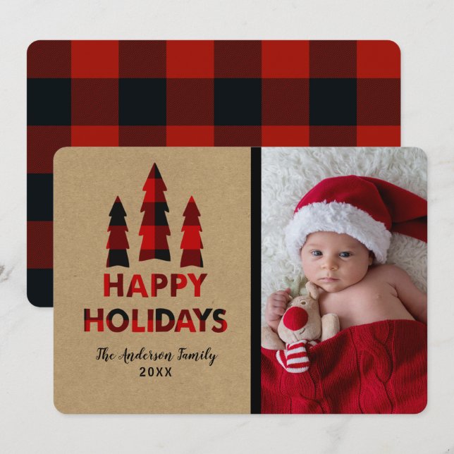 Invitation Red Plaid Joyeuses Fêtes de Noël Arbres Kraft (Devant / Derrière)