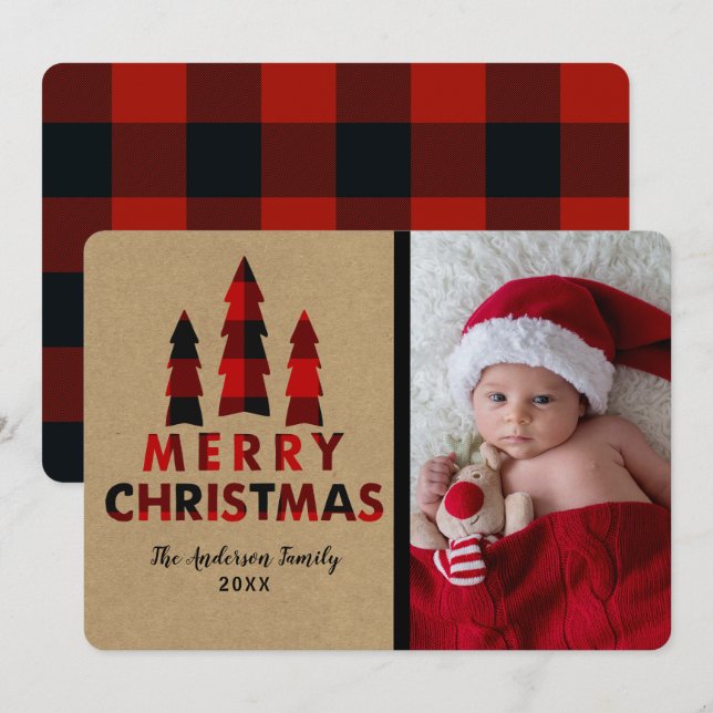 Invitation Red Plaid Joyeux Arbres de Noël Kraft Vacances (Devant / Derrière)