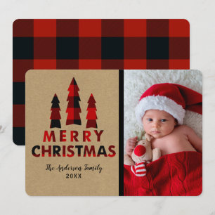 Invitation Red Plaid Joyeux Arbres de Noël Kraft Vacances