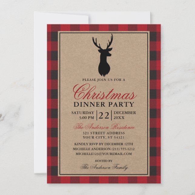 Invitation Red Plaid Russe Noël Diner Party Kraft (Devant)