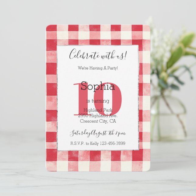 Invitation Red Plaid Stripes 10th Birthday (Debout devant)