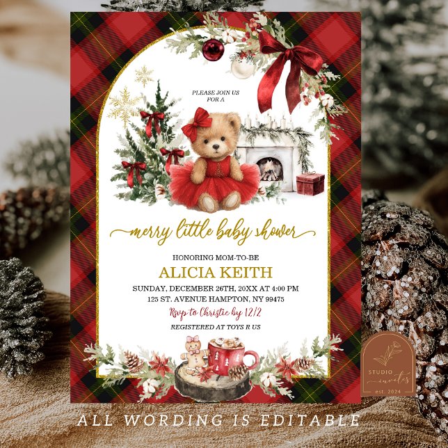 Invitation Red Plaid Tartan Christmas Luxury Bear Girl (Créateur téléchargé)