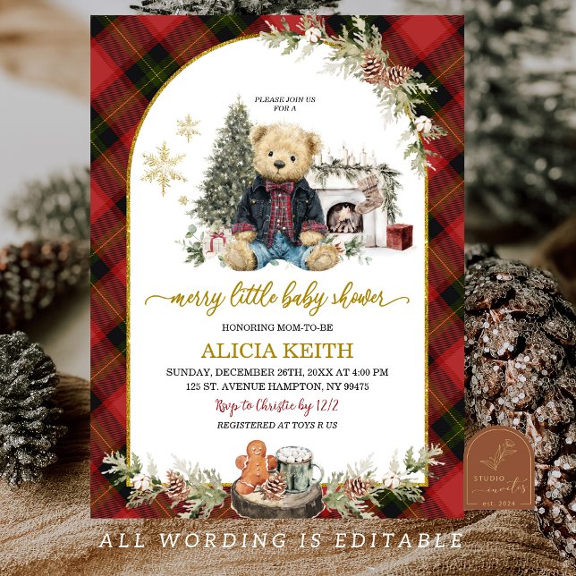 Invitation Red Plaid Tartan Christmas Luxury Boy Bear  (Créateur téléchargé)