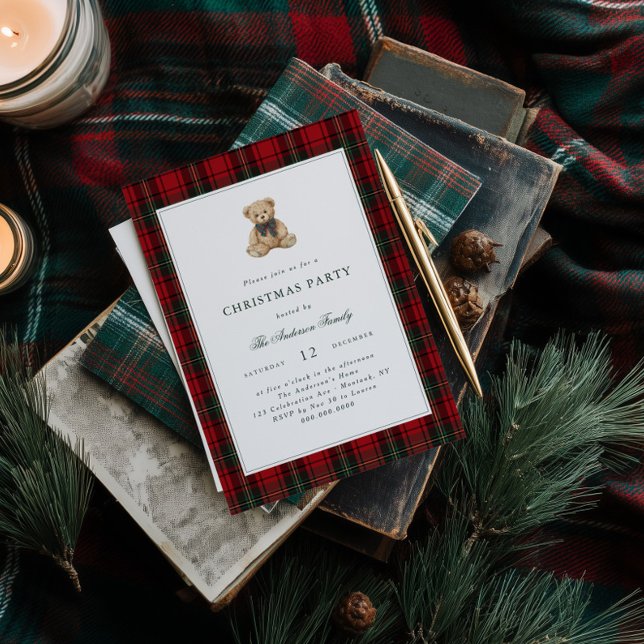 Invitation Red Plaid Teddy Bear Christmas Party (Créateur téléchargé)
