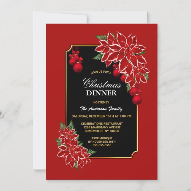 Invitation Red Poinsettia Black Christmas Dinner (Devant)