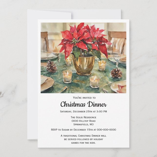 Invitation Red Poinsettia Christmas Dinner  (Devant)