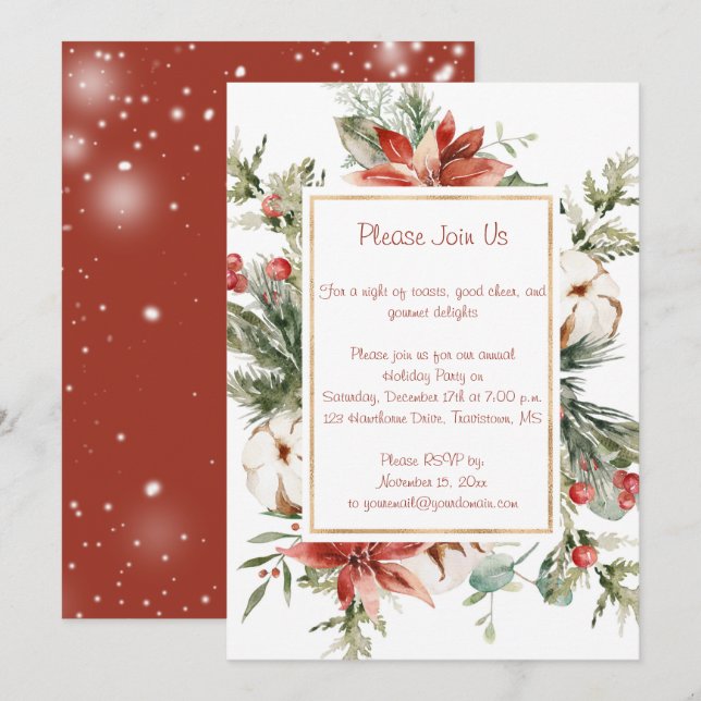 Invitation Red Poinsettia et Evergreens fête de Noël (Devant / Derrière)