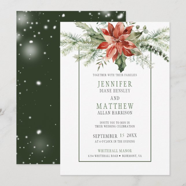 Invitation Red Poinsettia & Evergreens Garland Mariage | (Devant / Derrière)