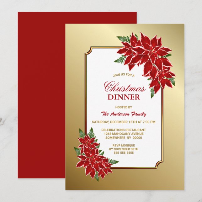Invitation Red Poinsettia Gold Bordure Dîner de Noël (Devant / Derrière)