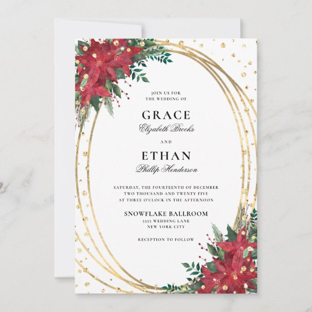 Invitation Red Poinsettia Gold Parties scintillant Mariage de (Devant)