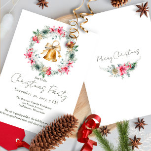Invitation Red Poinsettia Gold Snowflakes