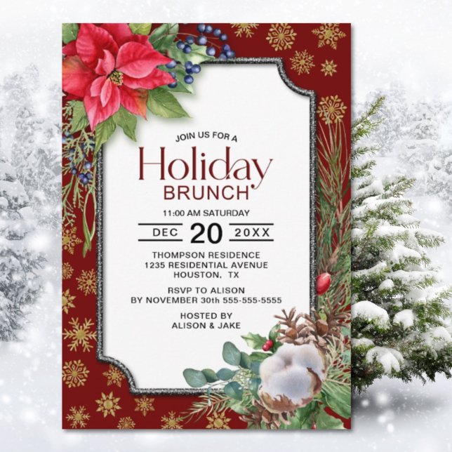 Invitation Red Poinsettia Gold Snowflakes Brunch de vacances (Créateur téléchargé)