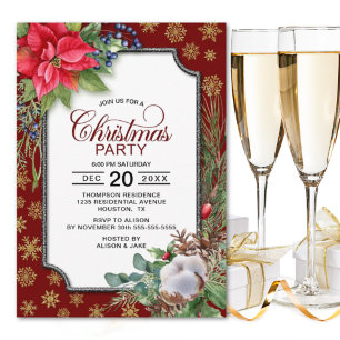 Invitation Red Poinsettia Gold Snowflakes fête de Noël