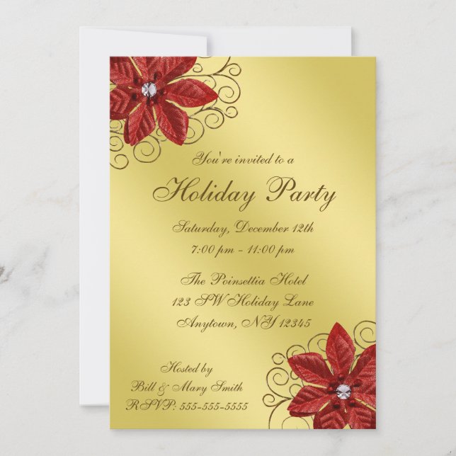 Invitation Red Poinsettia Gold Swils Fête (Devant)
