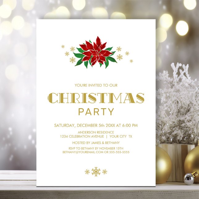 Invitation Red Poinsettia Gold Texte Noël (Créateur téléchargé)