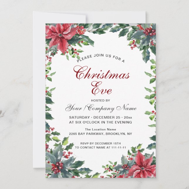 Invitation Red Poinsettia & Holly Berry Wreath Christmas Eve (Devant)