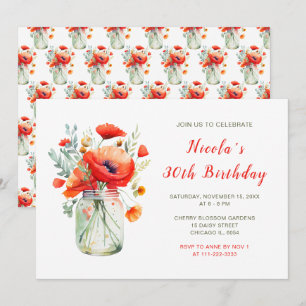 Invitation Red Poppies Mason Jar fête d'anniversaire