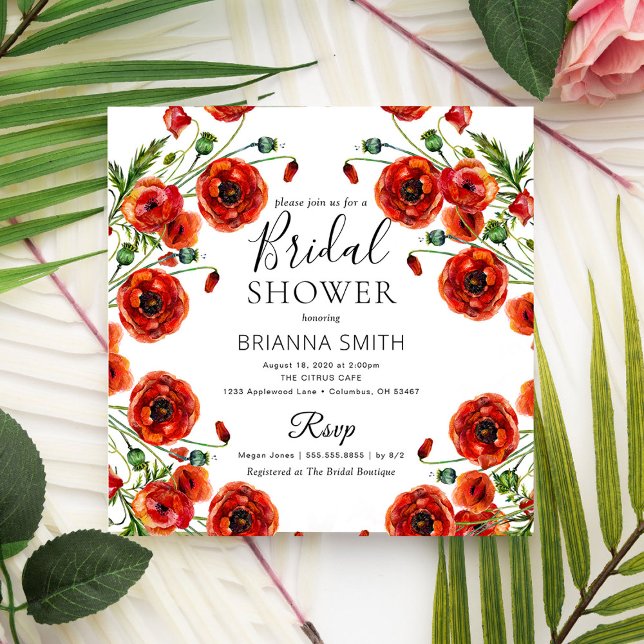 Invitation Red Poppy Romantique Floral Elégante douche nuptia (Créateur téléchargé)
