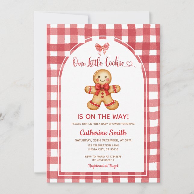 Invitation Red Preppy Gingham Gingerbread Baby Shower  (Devant)