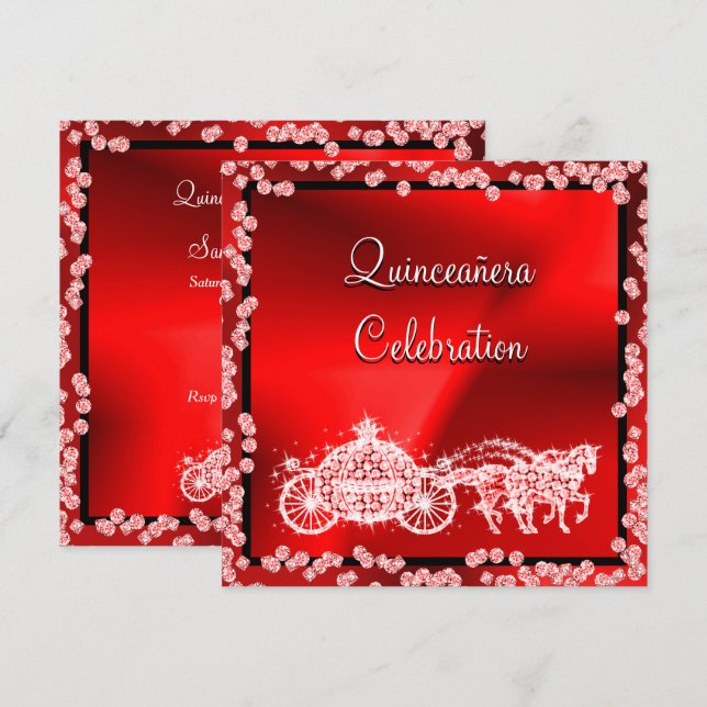 Invitation Red Princess Coach & Horses Quinceañera (Devant / Derrière)