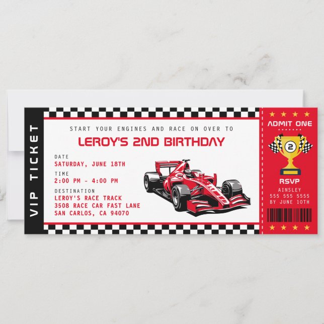 Invitation Red Race Car Billetterie Pass Garçon fête d'annive (Devant)