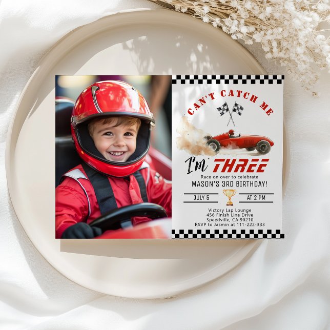Invitation Red Race car Cant me attraper garçon Photo 3e anni (Créateur téléchargé)