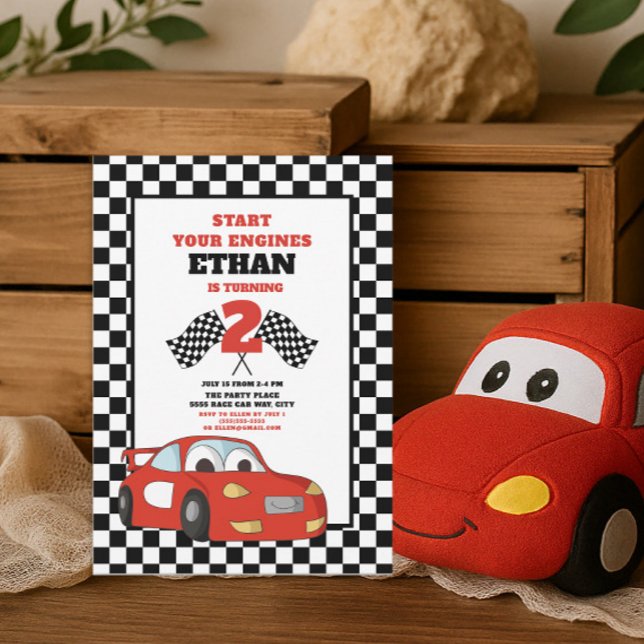 Invitation Red Race Car enfant 2e anniversaire (Red race car little boy's 2nd birthday party invitation)