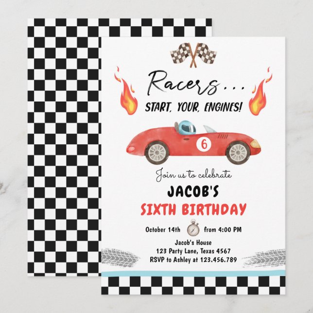 Invitation Red Race Car Fast Curious Boy Anniversaire (Devant / Derrière)