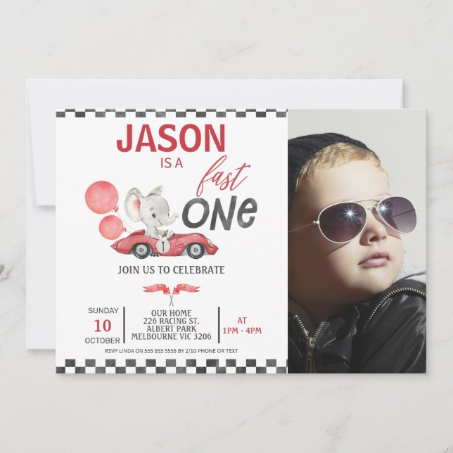 Invitation Red Racing Car Ballon Elephant Photo 1er Anniversa (Devant)