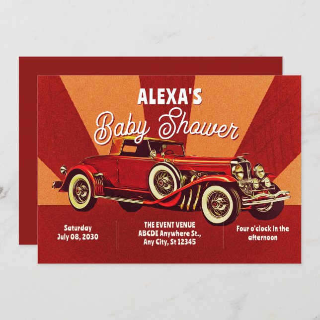 Invitation Red retro classic car baby shower (Devant / Derrière)