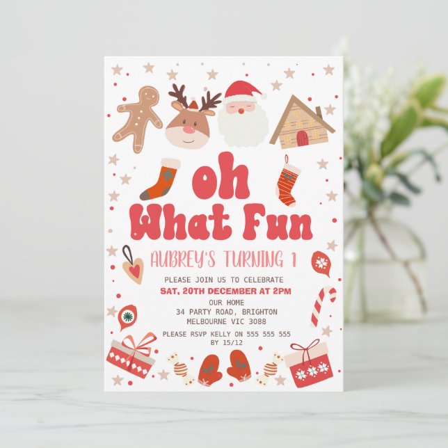 Invitation Red Retro Noël Oh What Fun 1er Anniversaire (Debout devant)